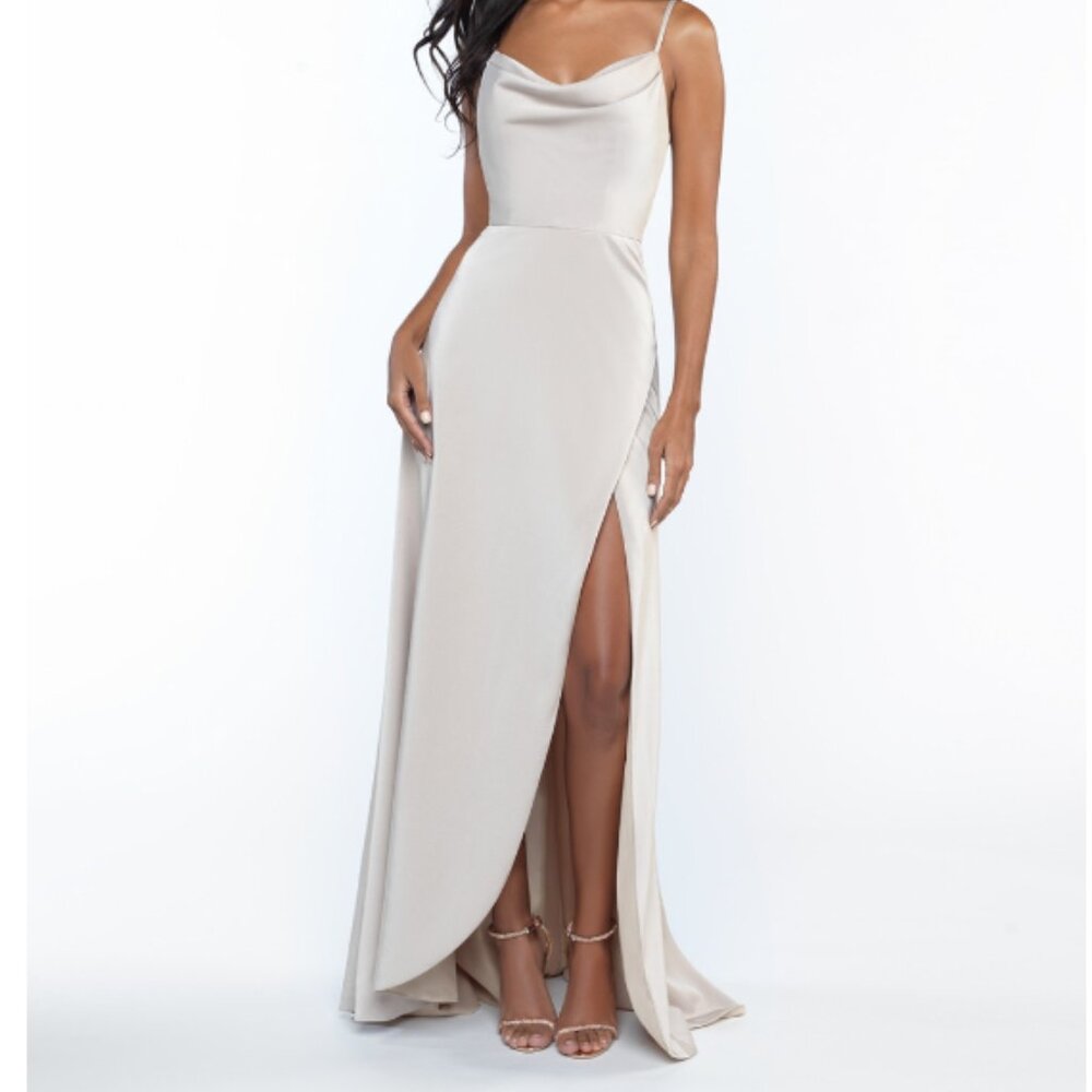 Allure 1685 Sunset Stretch Satin Maxi Dress Size 10 – Draped Neck & Slit
